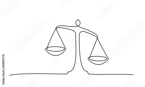 Judicial scales on white background. Continuous one line drawing. V