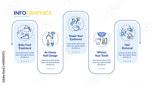 Beauty procedures vector infographic template. Baby foot treatment, nail design presentation design elements. Data visualization with 5 steps. Process timeline chart. Workflow layout with linear icons