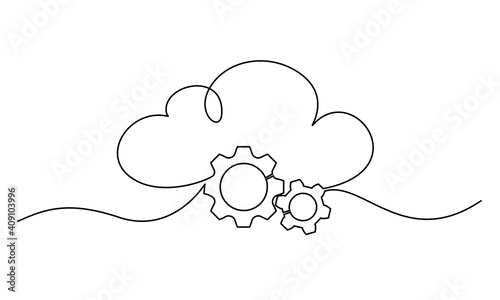 Cloud technology sign. Clods with gears. Continuous one line drawing.