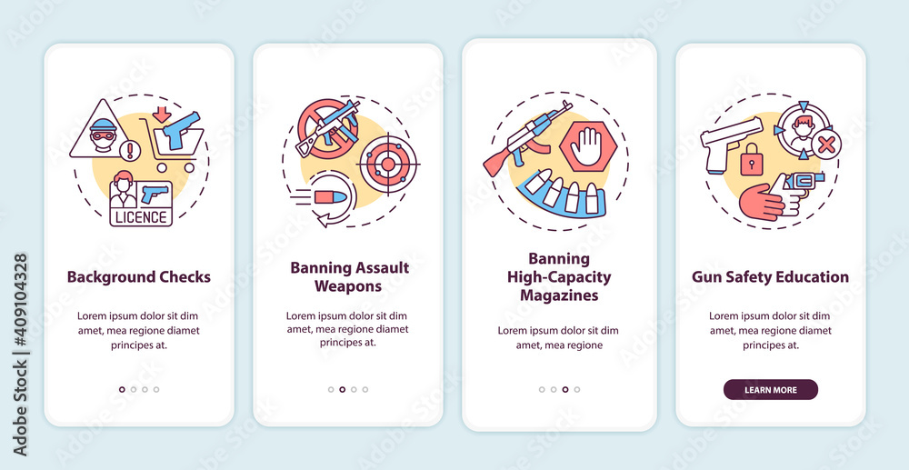Gun safety guidelines onboarding mobile app page screen with concepts. Weapon control and regulation walkthrough 5 steps graphic instructions. UI vector template with RGB color illustrations