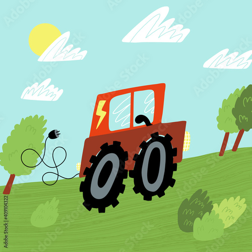 Green environment, ecological agriculture, organic farming concept. Electrical combine, innovation harvester machine.