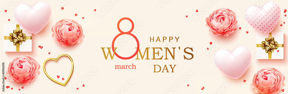 8 March. Women's Day horizontal banner for the website. Postcard on March 8. Romantic background with realistic design elements, gift box, golden hearts, balloons in the shape of heart and flowers - obrazy, fototapety, plakaty 