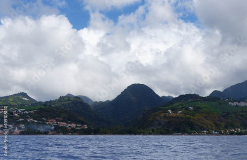 Beautiful seascape of Saint Pierre village in Martinique island.