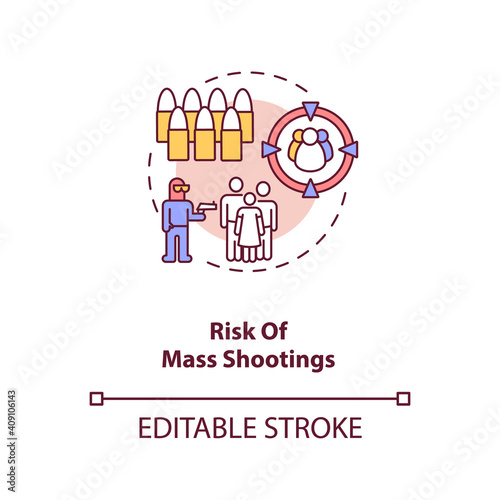Risk of mass shooting concept icon. Terrorist with firearm. Life threat. Public assault. Gun violence idea thin line illustration. Vector isolated outline RGB color drawing. Editable stroke
