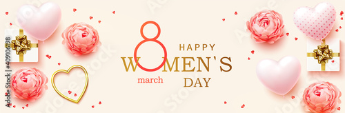 8 March. Women's Day horizontal banner for the website. Postcard on March 8. Romantic background with realistic design elements, gift box, golden hearts, balloons in the shape of heart and flowers