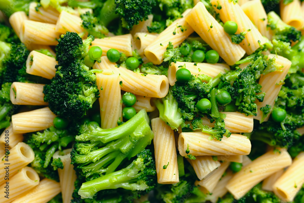 Freshly cooked pasta, broccoli and peas, ready for eating or dressing, healthy food Freshly cooked pasta, broccoli and peas, ready for eating or dressing, healthy food