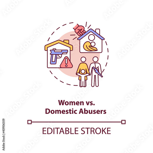 Women vs domestic abusers concept icon. Gun violence. Life risk. Hate crime. Weapon control for civilian safety idea thin line illustration. Vector isolated outline RGB color drawing. Editable stroke