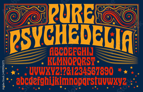 A 1960s style psychedelic alphabet with swirly line art designs фототапет
