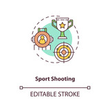 Sport shooting concept icon. Marksmanship competition. Championship at range shooting. Gun control idea thin line illustration. Vector isolated outline RGB color drawing. Editable stroke