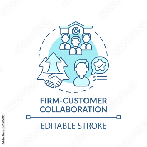 Firm-customer collaboration concept icon. Co creation type idea thin line illustration. Managing customer relationship. Development team. Vector isolated outline RGB color drawing. Editable stroke