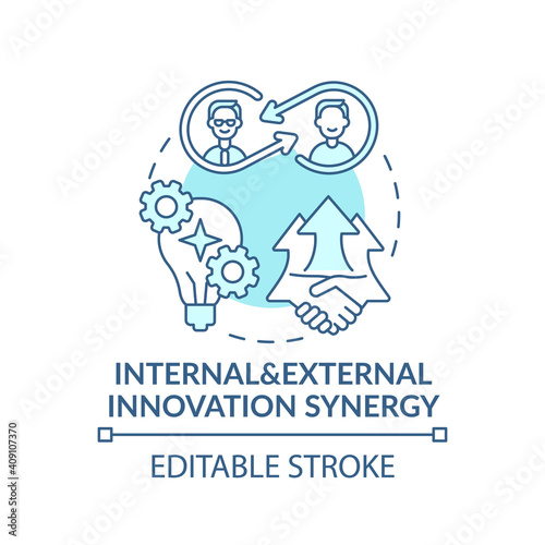 Internal, external innovation synergy concept icon. Open innovation idea thin line illustration. Focusing on building innovative synergies. Vector isolated outline RGB color drawing. Editable stroke