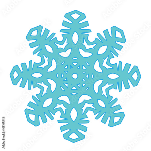 Paper blue snowflake lie on white. Cut out of paper photo