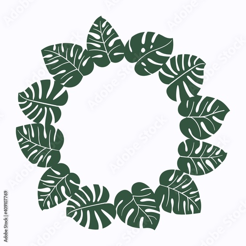 Exotic tropical jungle rainforest round circle wreath frame. Bright green monstera leaves. Isolated design element on white background. Place for text. Vector design illustration.