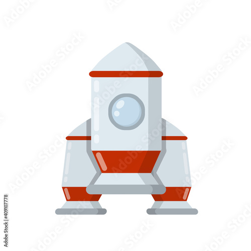 Rocket. Spaceship with porthole. Children drawing. Red-and-white flat cartoon spacecraft. Flight into space. Scientific discovery and colonization of planets