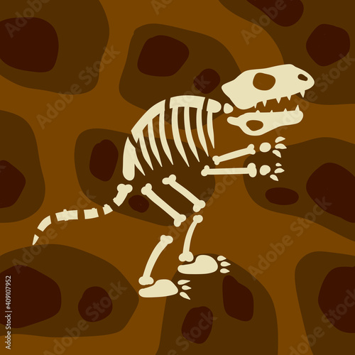 Dinosaur skeleton. Archeology and excavations. Cartoon dino illustration. Layers of earth and soil. Bones of a prehistoric lizard