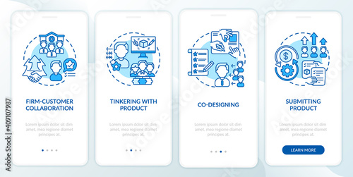 Collaborative creation types onboarding mobile app page screen with concepts. Firm-client collab, co-designing walkthrough 4 steps graphic instructions. UI vector template with RGB color illustrations