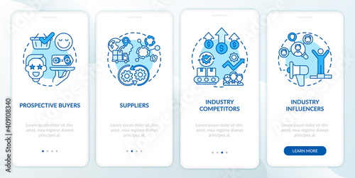 Co-creation participants onboarding mobile app page screen with concepts. Potential buyers, influencers walkthrough 4 steps graphic instructions. UI vector template with RGB color illustrations