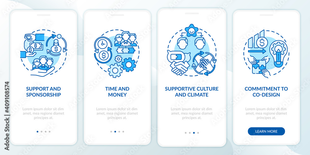 Naklejka premium Conditions for co-design onboarding mobile app page screen with concepts. Support, supportive culture walkthrough 4 steps graphic instructions. UI vector template with RGB color illustrations