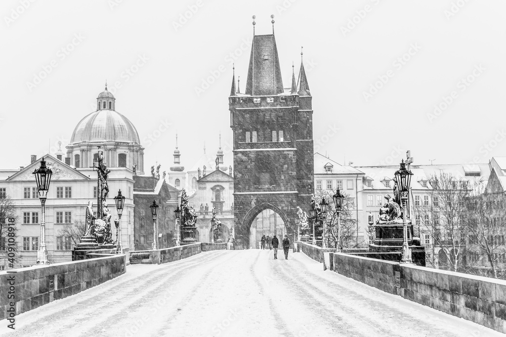 Snow storm on Charles Bridge in Prague