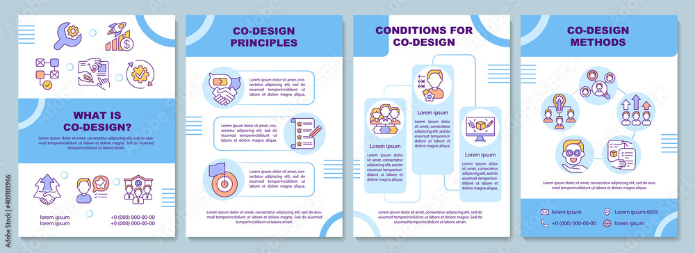 Co design methods brochure template. Flyer, booklet, leaflet print, cover design with linear icons. European cooperation project. Vector layouts for magazines, annual reports, advertising posters
