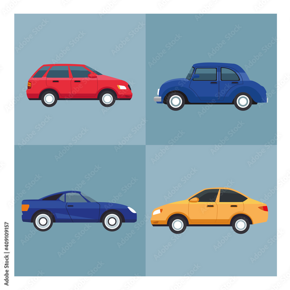 four cars vehicles colors isolated icons