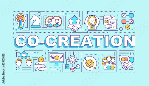 Successful collective creativity word concepts banner. Joint work. Infographics with linear icons on turquoise background. Isolated typography. Vector outline RGB color illustration