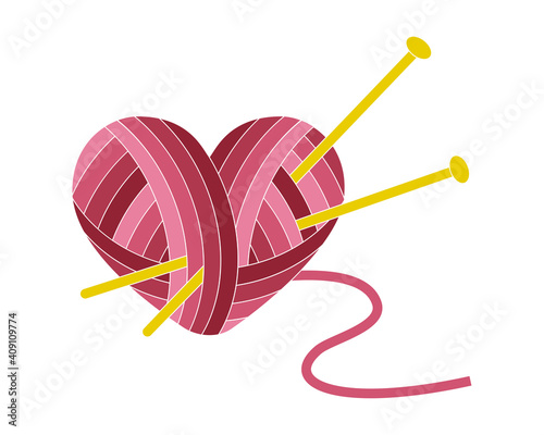 Heart yarn and needles. Vector isolated illustration on white background.