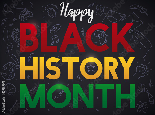 Blackboard with Cute Doodles Promoting a Happy Black History Month, Vector Illustration