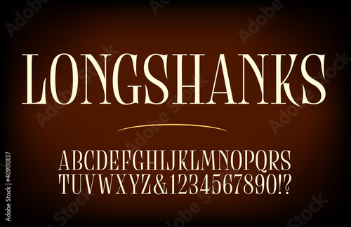 A tall condensed elegant serif alphabet with unique embellishments