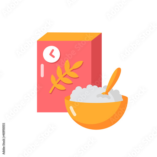 Breakfast and cereal vector flat color icon. Fresh muesli in bowl. Flakes products for eating in morning. Lunch meal. Whole grain food. Cartoon style clip art for mobile app. Isolated RGB illustration