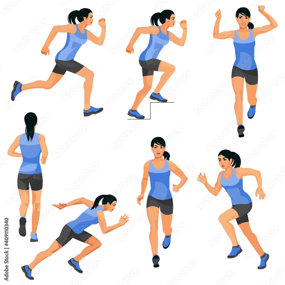 Figures of an asian woman running straight in summer sports clothes Figures of an asian woman running straight in summer sports clothes
