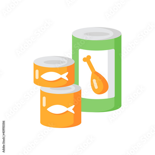Canned goods and soups vector flat color icon. Preserved meat in tin. Fish products. Conserved food for pantry. Supply for donation. Cartoon style clip art for mobile app. Isolated RGB illustration
