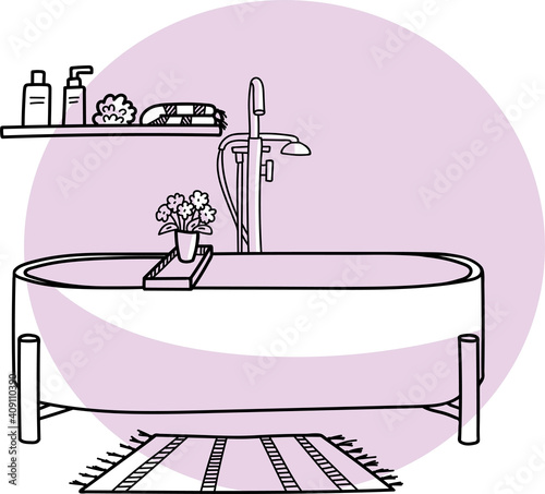 Hand drawn vector illustration of a bathtub. Beautiful doodle of bathroom interior isolated on white background.