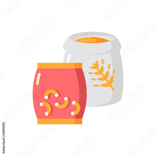 Grain and pasta vector flat color icon. Macaroni supply. Healthy meal. Nutritious lunch. Whole wheat products in package. Staple food. Cartoon style clip art for mobile app. Isolated RGB illustration