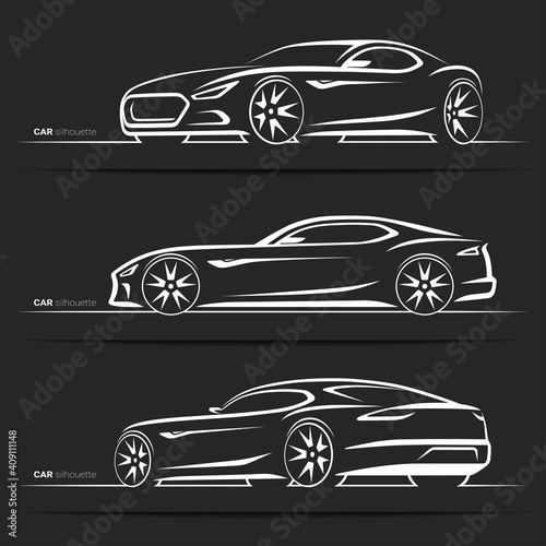 Set of car silhouettes. Side, 3/4 front and rear view. Hand-drawn sports coupe outlines isolated on black background