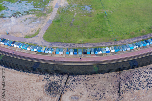 Beach Huts at Brightlingsea, Essex, UK drone 