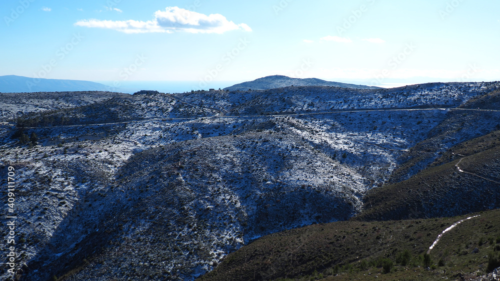 Obraz premium Scenic view from snowed Parnitha mountain, Attica, Greece