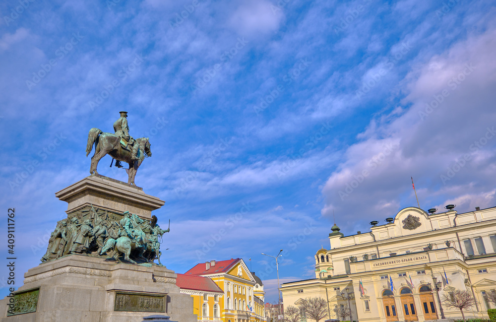 Statue of Tsar Alexander II in center of capital city of Bulgaria: Sofia. Statue with blue sky background during sunny day. Statue of Tsar Alexander II in center of capital city of Bulgaria: Sofia. Statue with blue sky background during sunny day.