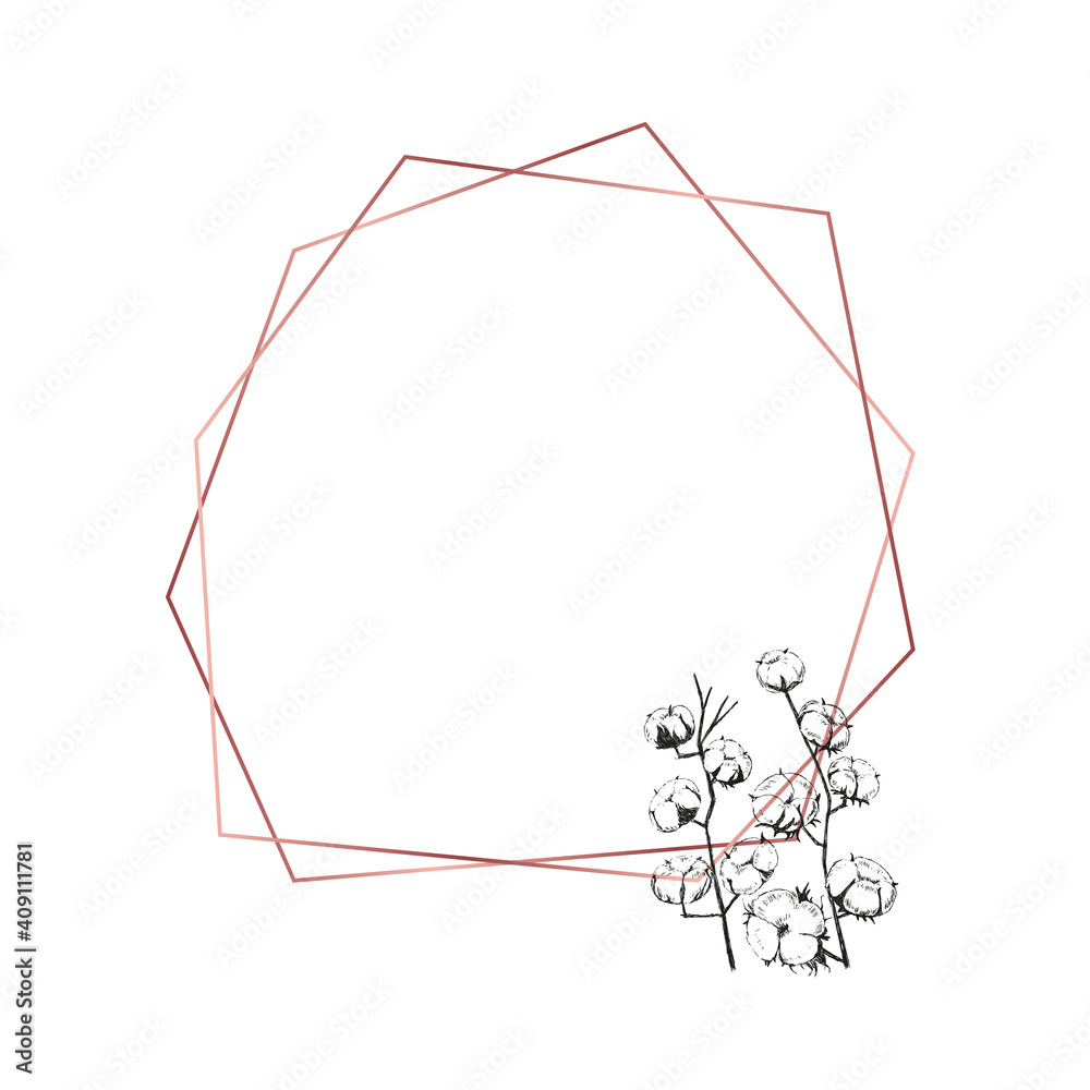 Geometric rose gold frame with floral sketch composition Geometric rose gold frame with floral sketch composition