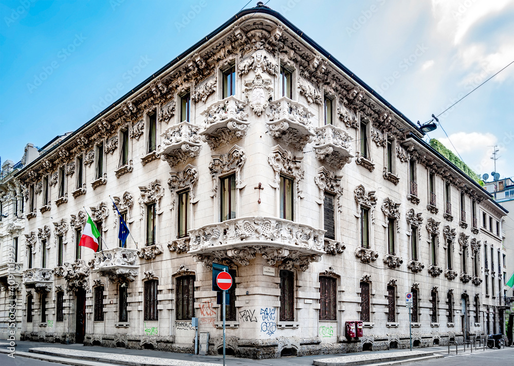 Naklejka premium Liberty-style building in corso Monforte 32, built at the early 20th century, in Milan, Lombardy, northern Italy