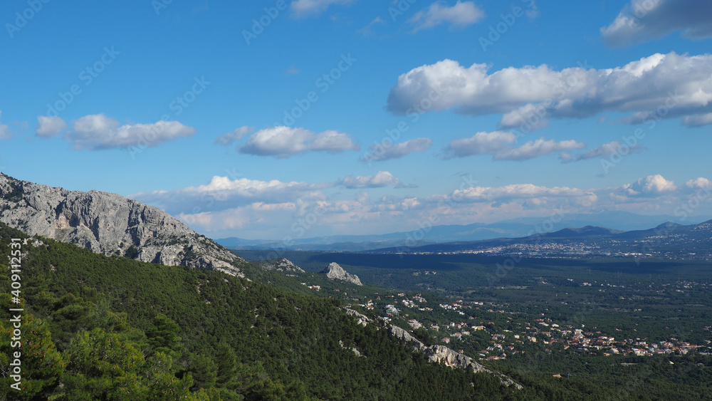 Beautiful mountain of Parnitha on a winter cloudy morning with clear blue sky, Attica, Greece