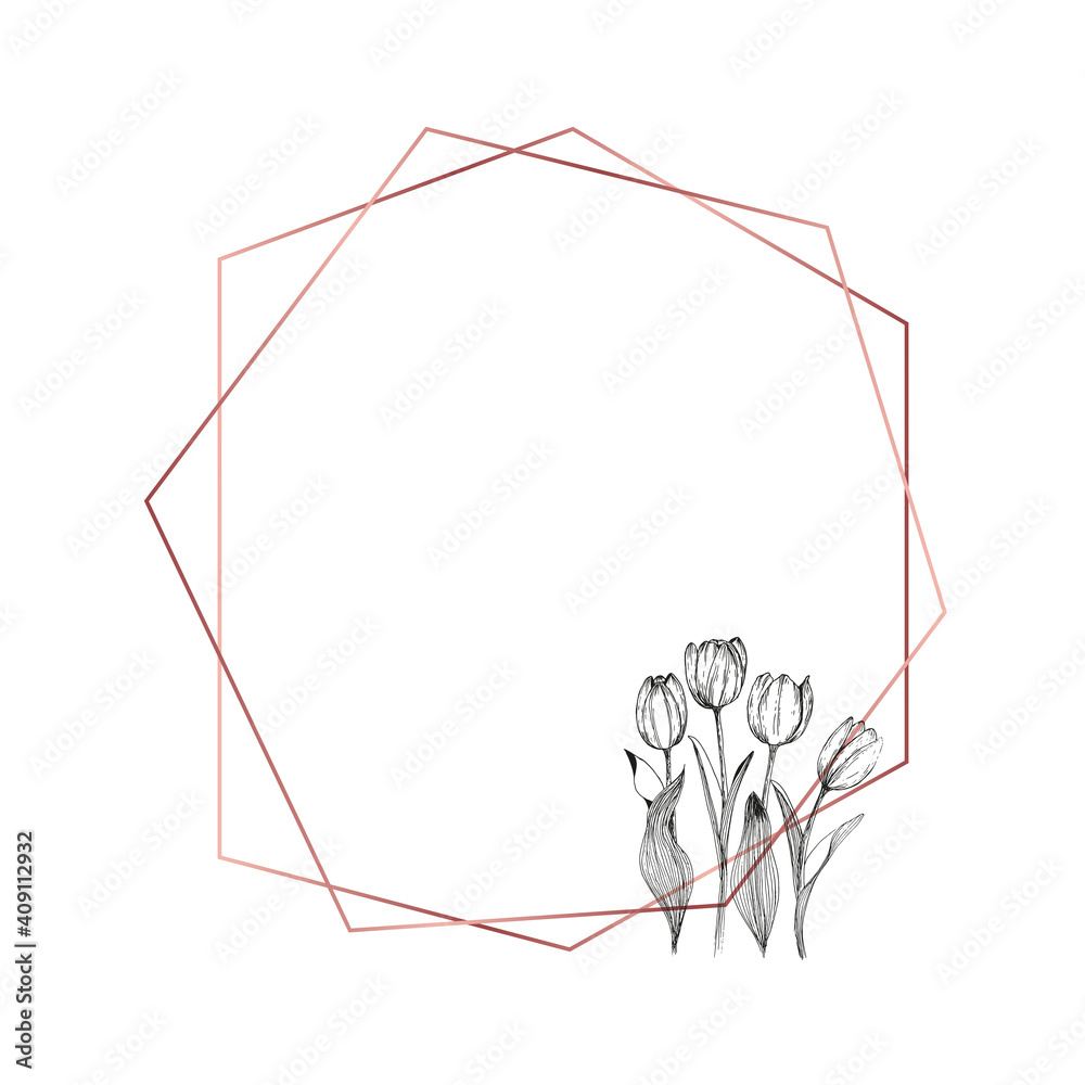 Geometric rose gold frame with floral sketch composition Geometric rose gold frame with floral sketch composition