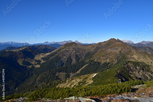 Lattenberg mit Blick auf den Himmeleck  (Totes Gebirge und Gesäuse im Hintergrund) bei Triebental / Hohentauern, Steiermark, Österreich photo