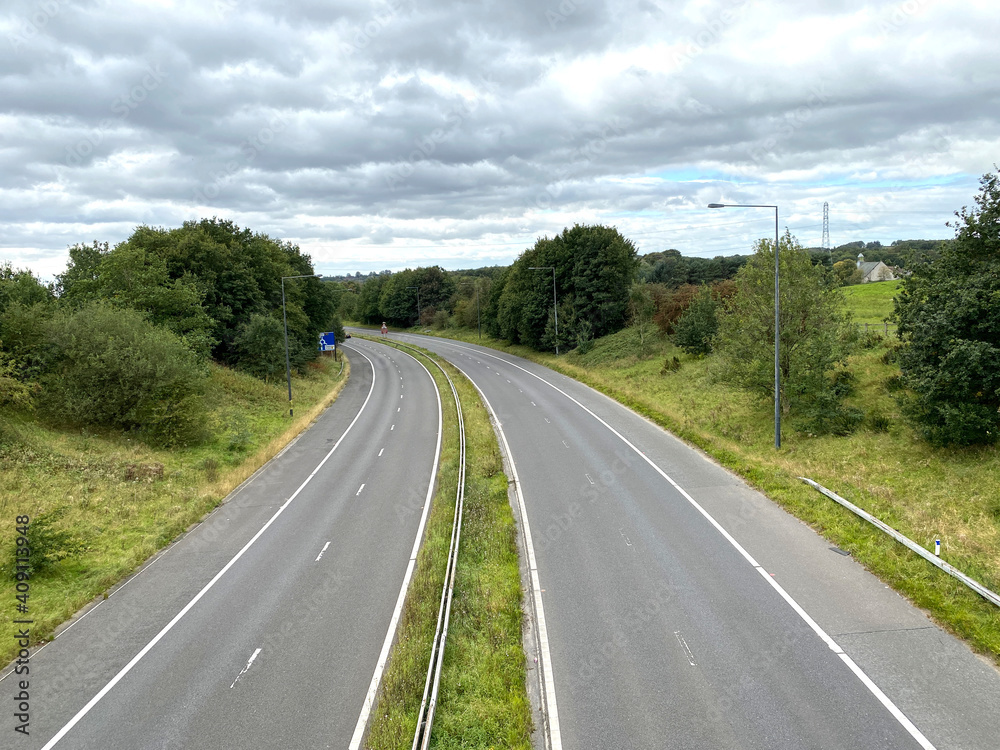 Overhead view, of the A664 dual carriageway in, Rochdale, Lancashire, UK Overhead view, of the A664 dual carriageway in, Rochdale, Lancashire, UK