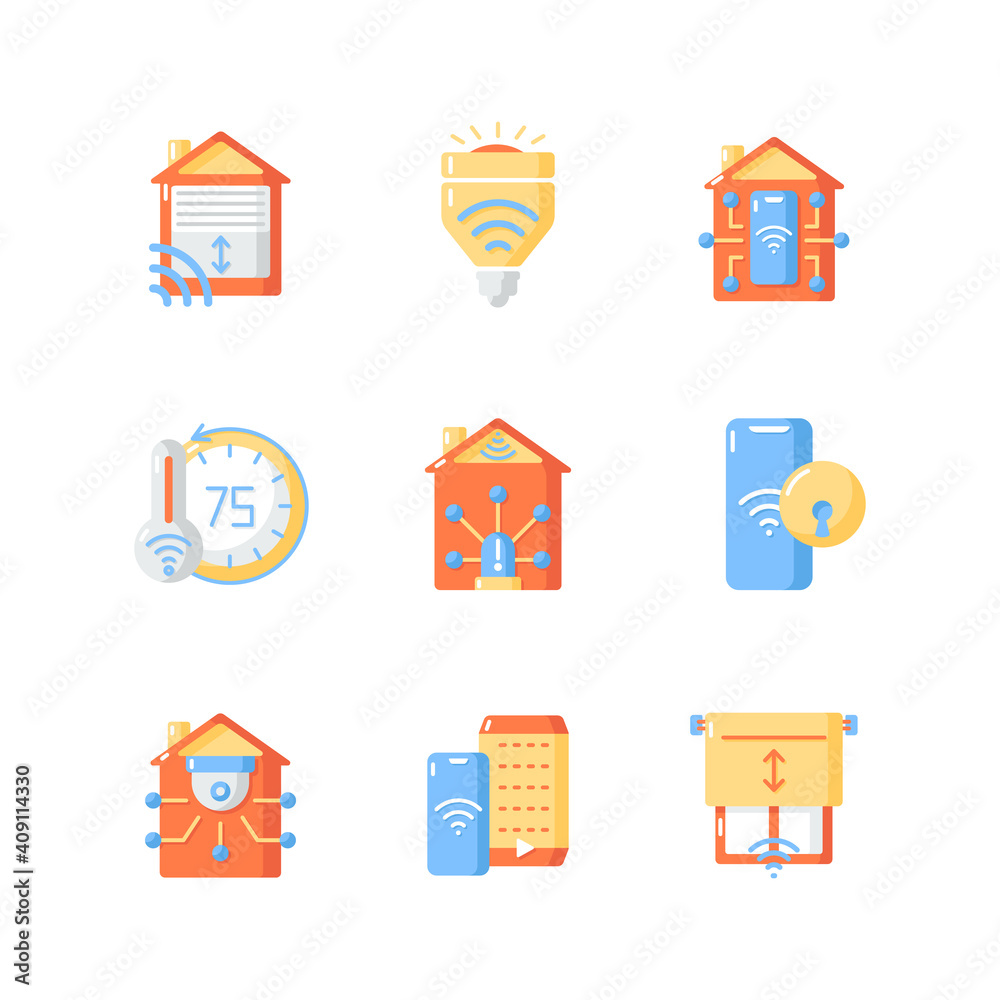 Smart home vector flat color icon set. Wireless control from smartphone. Wifi access. Modern technology. Cartoon style clip art for mobile app pack. Isolated RGB illustration bundle
