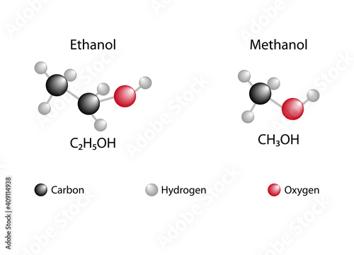 Ethanol ve methanol molecular models and chemical formulas of alcohol compounds.