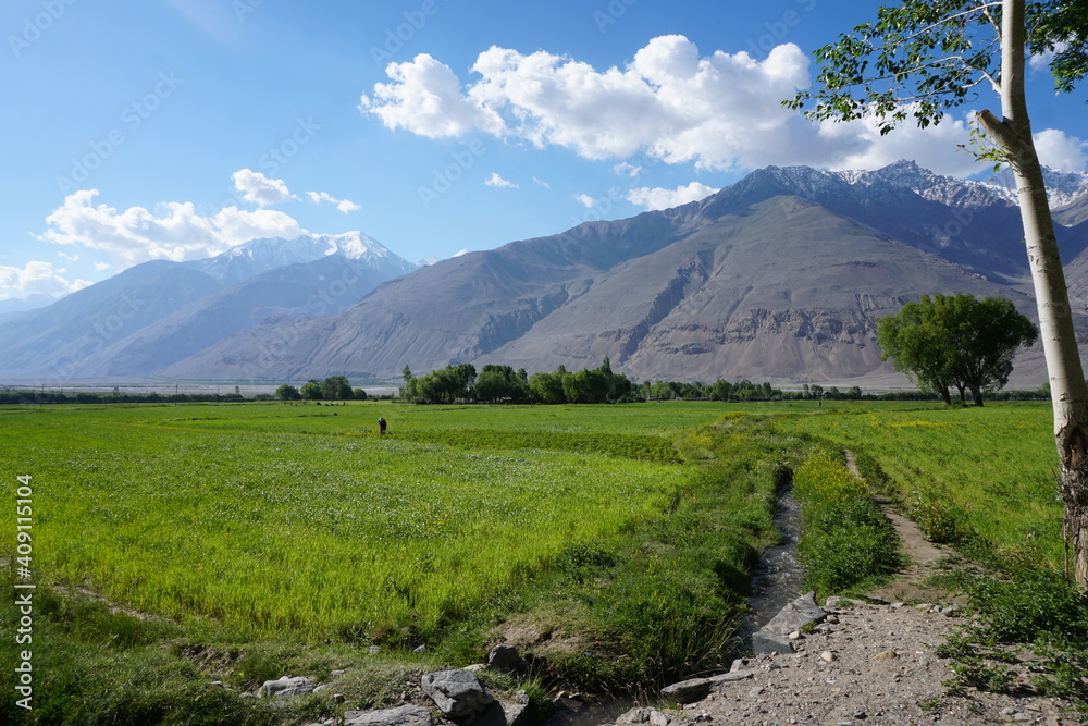 Fields in the Wakhan valley, Tadjikistan side with Afghanistan in the back