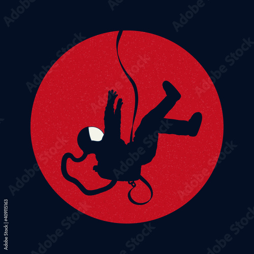 Falling astronaut. Cosmonaut silhouette and red planet. Man in space