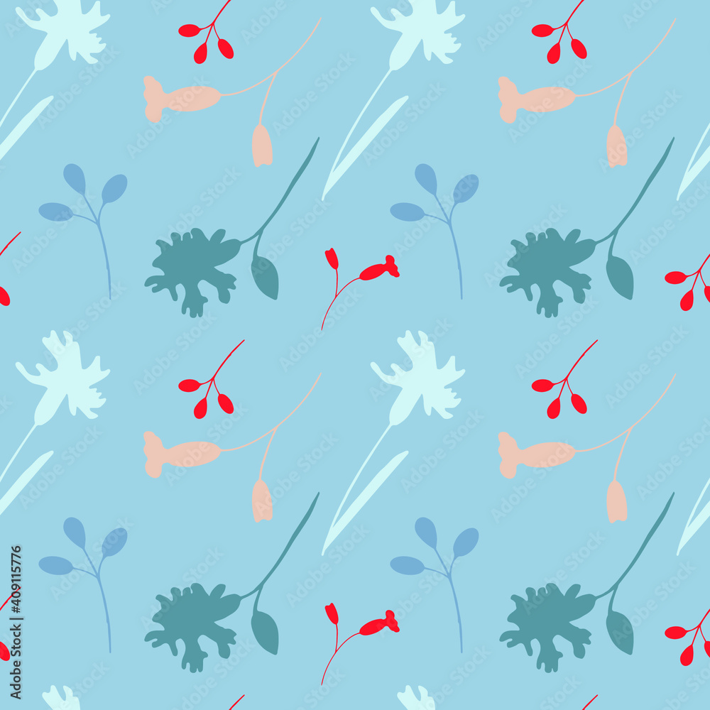 Blue, red and white floral patterns on blue background. Flower ornament. Wallpaper collection. Fabric print set.Fashionable decorative design