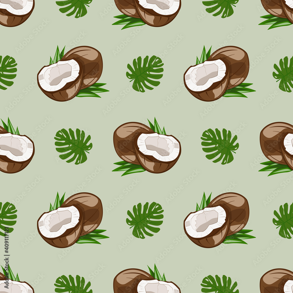 Seamless pattern coconut nut, tropical jungle fruit